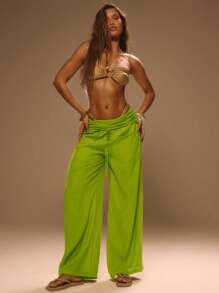 MUSERA Women Pants Wide Leg Fold Over Linen Look Summer Holiday Ibiza Boho Holiday Vacation - Yellow - View 1