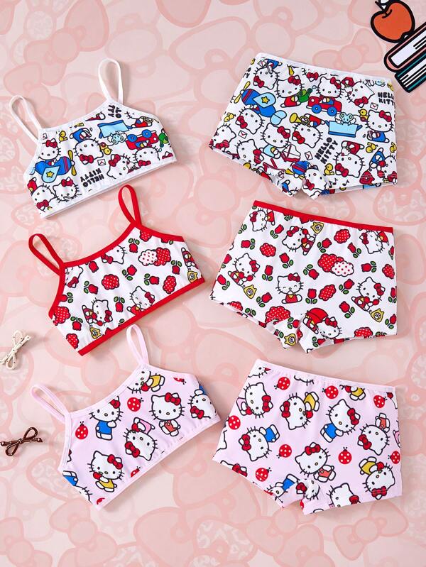 HELLO KITTY AND FRIENDS | SHEIN 6pcs/3 Set Young Girl Cartoon Kitty Print Camisole Top And Boyshort Underwear Set,Cute,Kawaii,,Sweet Soft & Comfortable