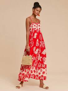 Travachic 度假休闲海洋生物印花高腰 A 字形吊带背心太阳裙