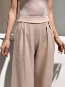 CLARA VERO Pantalón de cintura alta con decoración de perlas, pierna ancha, ajuste relajado. Pantalones casuales y elegantes de verano