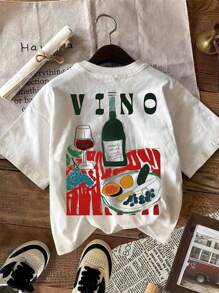 SHEIN LUNE Retro Bohemian Style Summer Beverage Social Club Clothing, Women's Casual Short Sleeved Round Neck T-Shirt - White - View 2