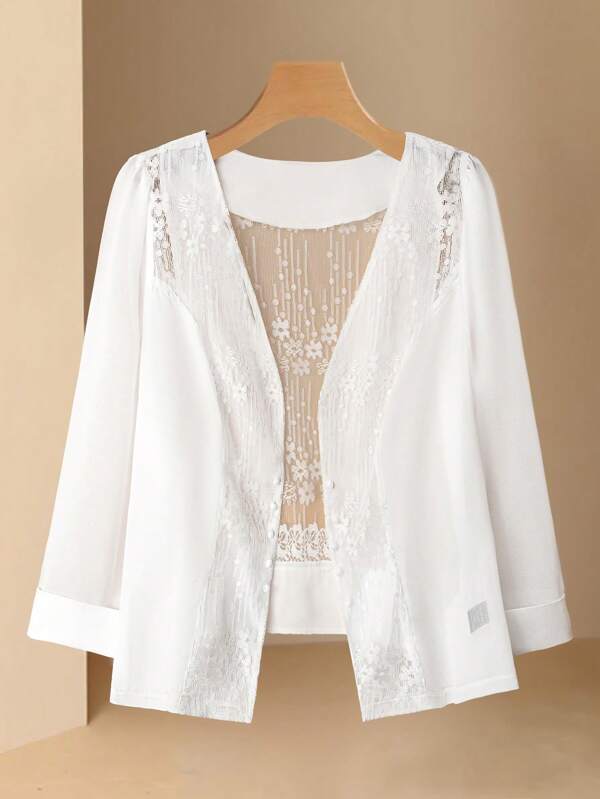 SHEIN Clasi Effen damesvest met geweven kantpaneel en 3/4 mouwen, elegante en losse zomerjas