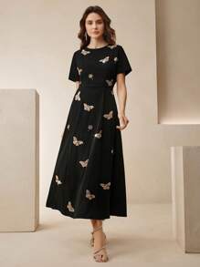 Anewsta Women's Fashion New Short-Sleeve Rhinestone & Sequin Butterfly Elegant Party Dress - Black - View 4
