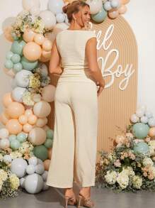 Loomaby Summer Elegant Maternity Set,Solid Color Asymmetrical-Shoulder Pleated Top And Pants 2 Pieces Outfit,Babyshower Gender Reveal Birthday Club Outfits - Khaki - View 2