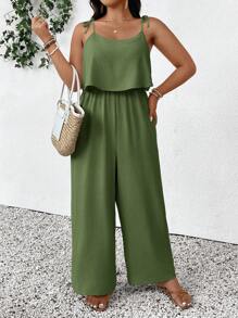 SHEIN Frenchy Plus Size Casual Holiday Textured Solid Color Jumpsuit - Green - View 4