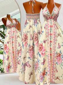 Sweetra Boho Style Printed Sleeveless Beach Dress - Pink - View 2