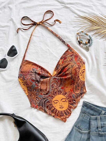 Soleia Women's Retro Paisley Retro Print Draped Neck Blouse, Suitable For Holiday, Date, Afternoon Tea, Beach, Cruise, Road Trip, Music Festival, Boho Vacation Beachwear Top