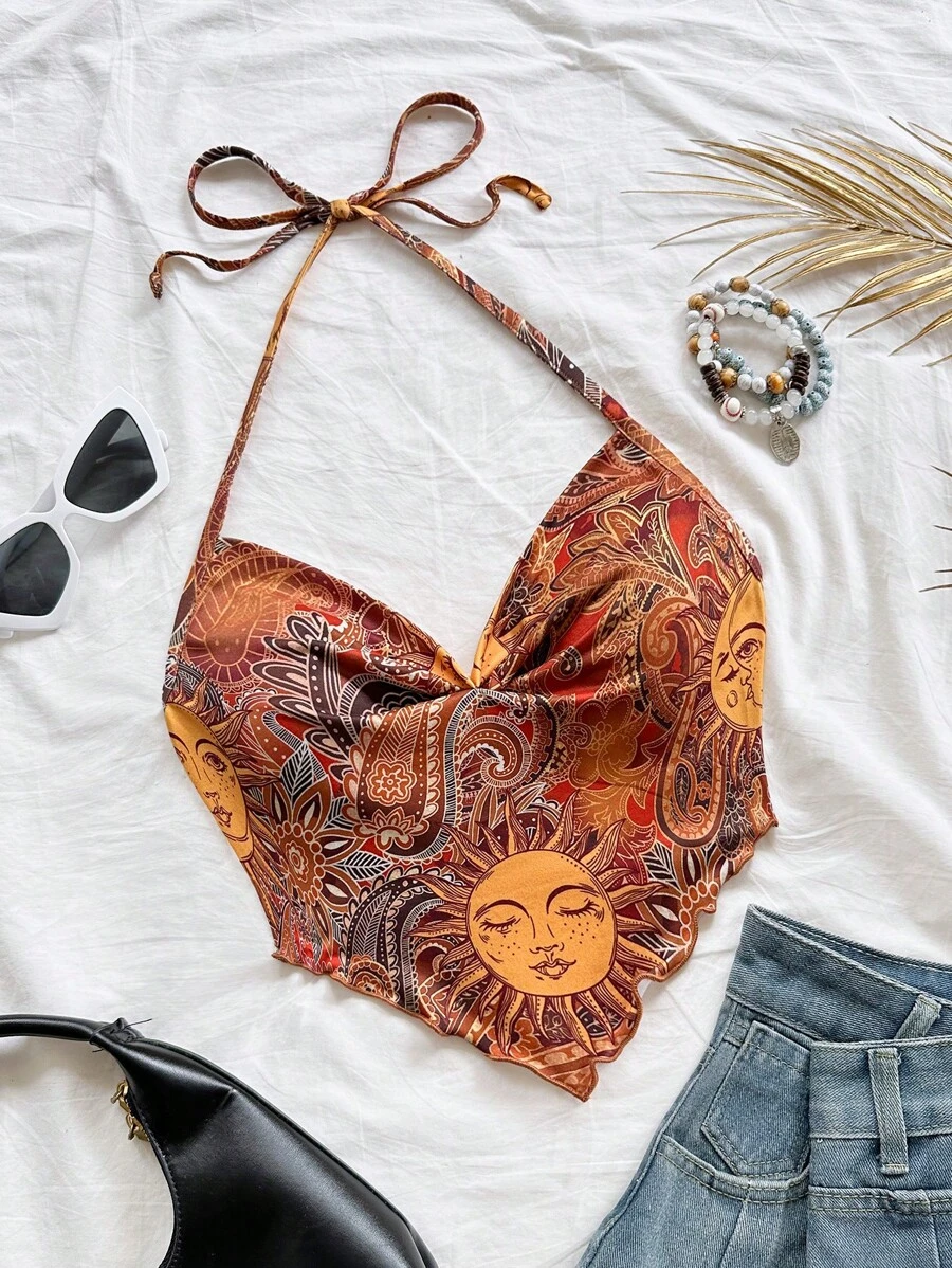 Soleia Women's Retro Paisley Retro Print Draped Neck Blouse, Suitable For Holiday, Date, Afternoon Tea, Beach, Cruise, Road Trip, Music Festival, Boho Vacation Beachwear Top - Brown - View 1