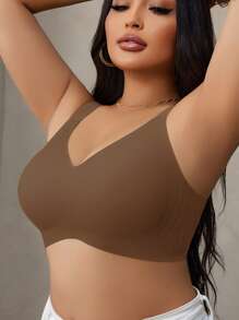 Plus Size Women Seamless Gummy Bra With Soft Support & Wireless, Lift & Enhance Bust - Brown - View 3