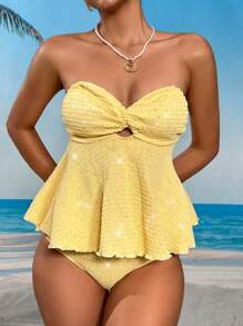 Swim Vcay Conjunto de Maiô Tankini com Franzido Bandeau para Mulheres, Ideal para Praia de Verão - Amarelo - Visão 5