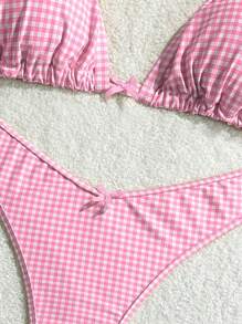 Swim Mod 大码女式夏季格子印花红色蝴蝶结装饰吊带三角比基尼和丁字裤两件套泳衣套装，性感休闲海滩度假风格 - 粉色 - 查看 5