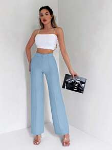 EURMUSE High Waist Seam Detail Straight Leg Suit Pants - Baby Blue - View 5