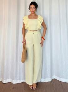 Rafferiza Conjunto de 2 piezas para mujer con top de cuello cuadrado elegante amarillo de manga abullonada y pantalones de pierna ancha, para verano - Amarillo - Ver 4