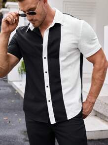 BRENVORS Musclefit 男士梭织时尚日常成熟休闲黑白撞色缝线修身短袖衬衫，旅行必备，夏季，男友，毕业礼物，健身必备 - 黑色 - 查看 3