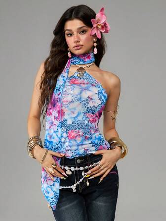 J-Fashion Pañuelo de gasa con decoraciones de estampado de leopardo, floral y concha para el cuello, top de tirantes de estilo retro de vacaciones en la playa Y2K Girl Boss
