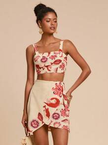 Travachic 2件套女士海洋生物印花无袖短款上衣和不对称半身裙