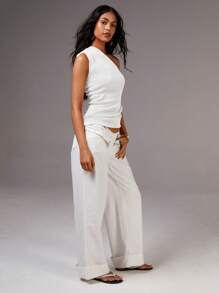 Athîral Blusa de malha sem mangas com decote assimétrico e franzido de cor lisa para mulheres, verão - Branco - Ver 4