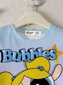 THE POWERPUFF GIRLS X SHEIN Tween Girls' Casual Cartoon & Letter Print Ombre Short Sleeve T-Shirt, Summer
