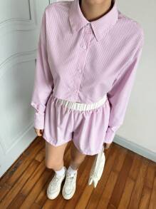 SHEIN Teen Girls Casual Simple Comfort Stripe Shirt & Belted Pants Set - Pink - View 4