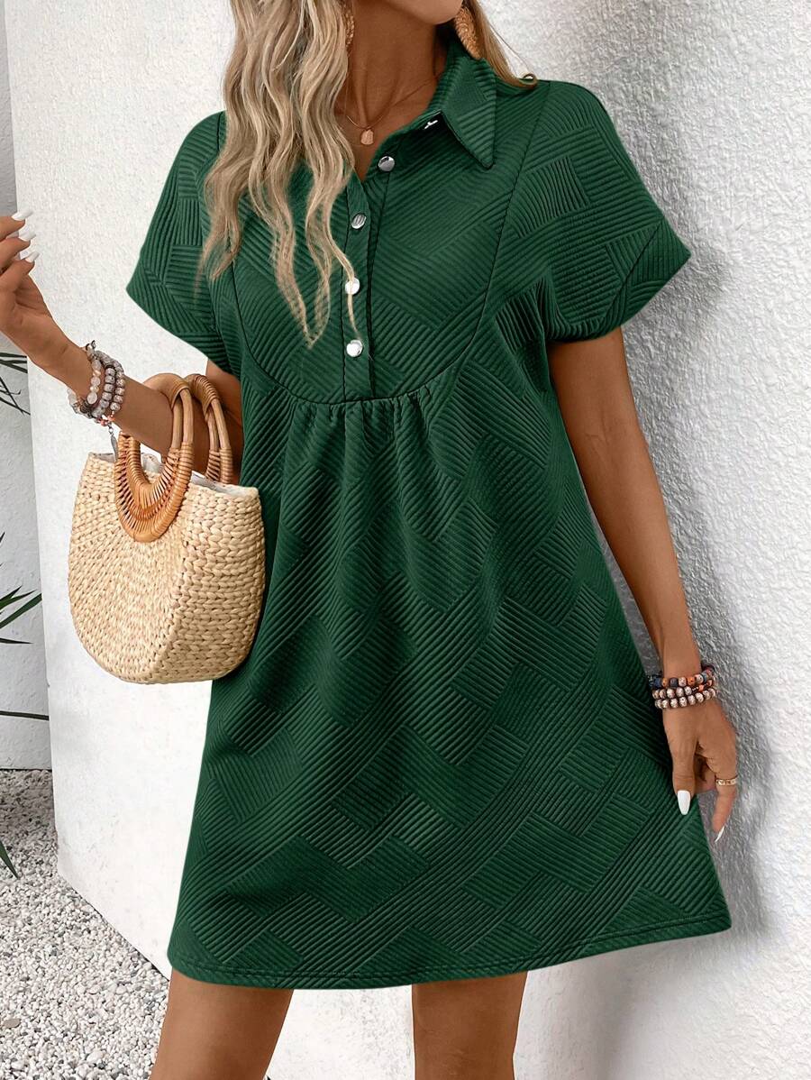 SHEIN LUNE 女士夏季休闲纯色短袖半襟翻领迷你连衣裙 - 墨綠色 - 查看 1