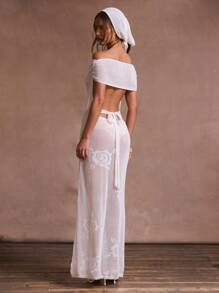 Musera Resort Floral Knit Off The Shoulder Asymmetric Drape Maxi Dress Head Scarf Summer Ibiza Fits Holiday Vacation Sexy Romantic Sagradabridal Hen Do Beach 4th July Wedding Bachelorette Spring Elegant - White - View 1