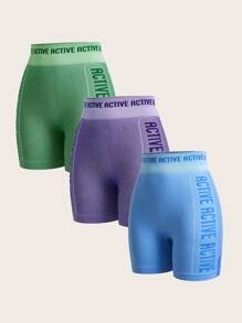 Powerista 字母印花撞色松紧腰紧身夏季运动短裤健身短裤