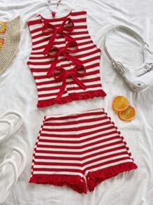 Soleia Bộ 2 món/Bộ trang phục đi nghỉ cho nữ: Áo len cardigan ngắn thắt nơ kẻ sọc đỏ trắng tương phản màu và quần short bó, thích hợp cho tiệc tùng, hẹn hò ngày lễ tình nhân, bãi biển, du ngoạn, lễ hội hóa trang, lễ Phục sinh - Đỏ và trắng - Xem 4