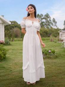 Modelyn Women's Solid Color Off-Shoulder Flounce Hem Short Sleeve Elegant Dress - White - View 3