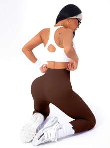 Core Rhythm 纯色高腰无缝紧身瑜伽裤 - 咖啡棕 - 查看 5