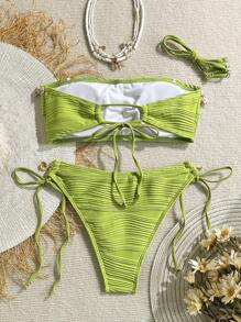 Swim Vcay 2 件套女士海滩夏季服装 - 纹理纯色贝壳肩带装饰抹胸系带比基尼套装 - 綠色 - 查看 2