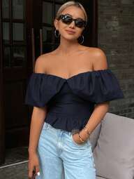 Livesso Effen kleur strapless off-shoulder elegante peplum zoom korte blouse top voor dames, zomerse uitgaanstops
