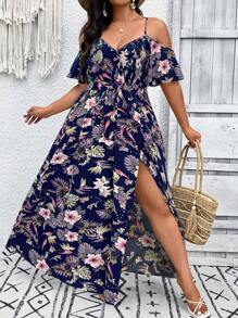 SHEIN VCAY Plus Size Women's Tropical Plant Print Off-Shoulder Slit Hem Elegant Dress, Summer - Navy Blue - View 3