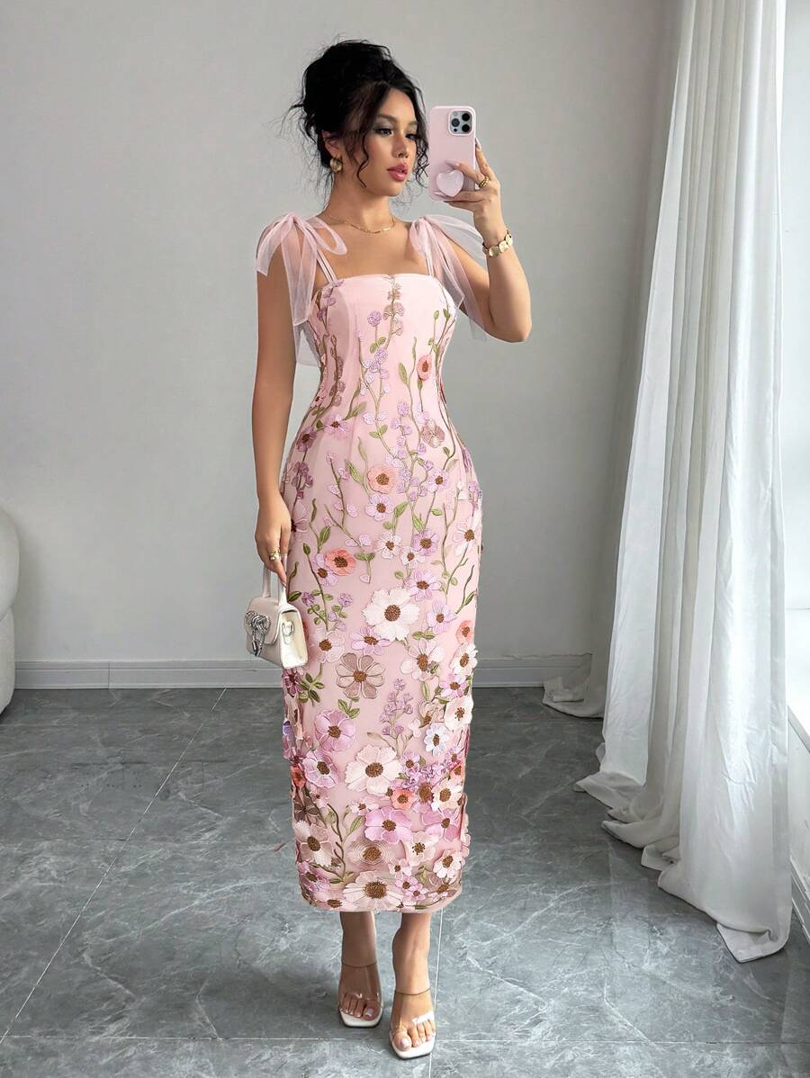 Selianne 女士优雅网眼花卉系带肩无袖腰部修身喇叭裙，适合外出，春夏季