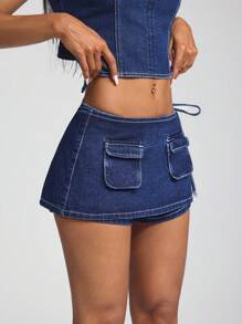 SHEIN ICON Women's Low-Rise Denim Mini Skirt Shorts - Dark Wash - View 3