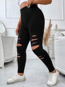 Flirla Plus Cut Out Front Leggings Fall Cloth For Women - Black - View 3