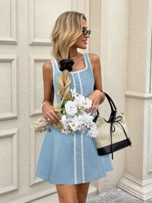 SHEIN LUNE Women's Contrast Color Edge Back Cinched Waist A-Line Umbrella Dress, Casual Resort Elegant Short Cocktail Dress - Light Wash - View 6