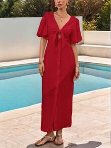 SHEIN VCAY Women's Long Solid Color Dress, Simple And Fashionable For Summer - Red - View 5