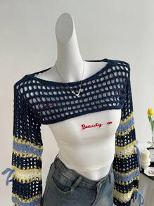 Sweetra 女士彩色钩针蝴蝶结短款长袖毛衣，甜美风格，春夏秋季针织套头衫秋冬 - 彩色 - 查看 4