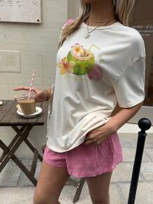 SHEIN EZwear 超大号粉色贝壳、树叶和花朵图案圆领短袖宽松女士 T 恤，休闲度假套头衫