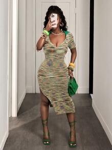 BamGleam Rochie maxi pulover pentru femei, cu guler înalt, Ombre multicolor, rochie tricotată casual geometrică, de lungime medie, mulată - Verde - Vizualizare 4