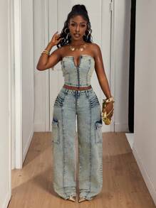 Slaydiva Women's Cargo Pocket Wide Leg Relaxed Fit Casual Versatile Jeans - Blue - View 2