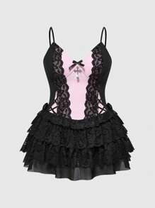 ROMWE Kawaii 大码女式复古娃娃风双色蕾丝拼接交叉蝴蝶结层叠下摆连衣裙，情人节必备