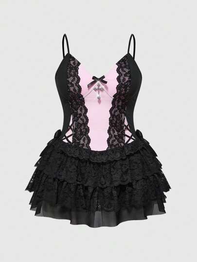 Kawaii Plus Size Women Vintage Dollcore Bicolor Lace Patchwork Cross Bow Layered Hem Dress