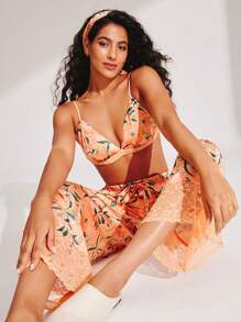 LUVLETTE 丝滑缎面蕾丝边橙色度假花卉图案性感吊带背心文胸上衣和裤子透气家居睡衣套装