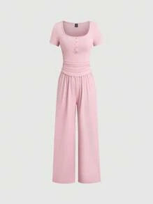 Sweetra Set de 2 piezas de pantalones rectos de cintura elástica y blusa de manga corta con botones de punto acanalado informal a juego para mujer - Rosa - Ver 3