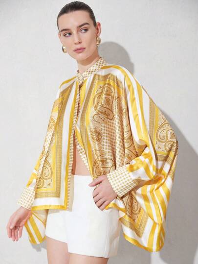 Aveloria Modichic 复古休闲通勤拼色印花设计长袖宽松衬衫，带围巾下摆，度假风格