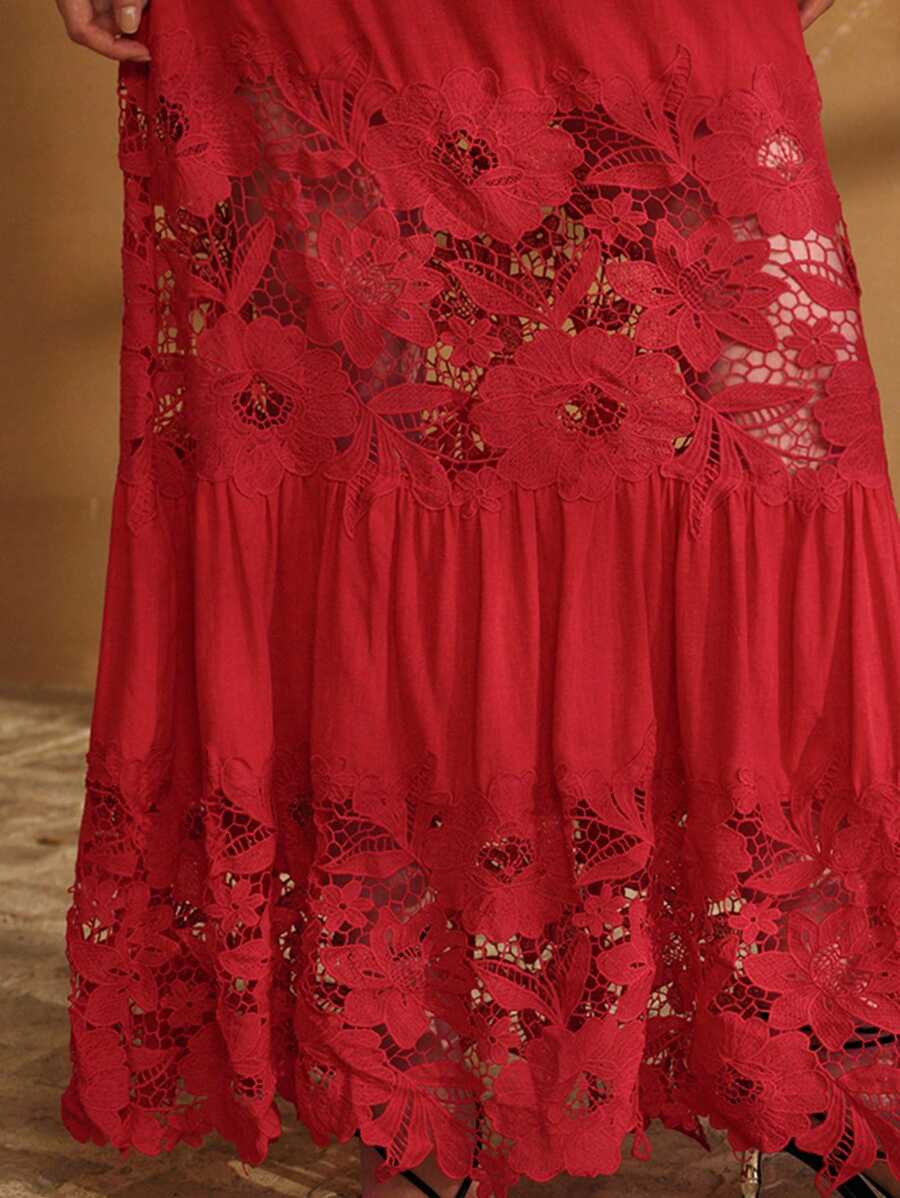 MOTF PREMIUM LINEN CONTRAST LACE SKIRT - Red - View 2