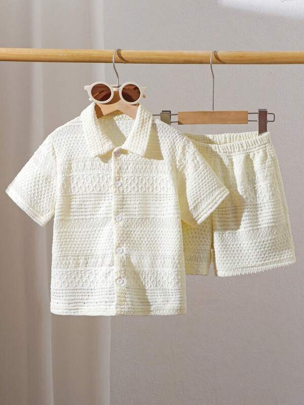 Young Boy Short Sleeve Button Front T-Shirt And Elastic Waist Shorts Set