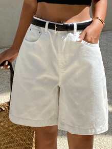 DAZY 女士宽松休闲牛仔七分短裤夏季牛仔短裤 - 白色 - 查看 2