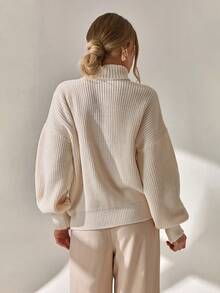 CLARA VERO Women Solid Color Turtleneck Flower Embroidery Drop Shoulder Chunky Pullover Turtleneck Sweater Women Floral Embroidered Sweater Knit Sweater Women's Winter Sweaters Balloon Sleeve Sweater,Jumper,Cream Jumper,Jumpers,Christmas Jumper,White Jumper,Black Jumper,Ladies Jumper,Women's Jumpers - Beige - View 2
